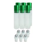 Beauticom Glass 10ml ~ 1/3 oz Roller Bottles with Metal Cap, Stainless Steel Roll Balls for Essential Oil, Aromatherapy, Perfume, Lip Gloss, Lip Balm, Roll on Bottles (6 Bottles, GREEN)