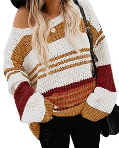 ZESICA Women's 2024 Fall Long Sleeve Crew Neck Striped Color Block Casual Loose Knitted Pullover Sweater Tops, Mustard, Small