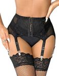 comeondear Women Sexy Lace Suspender Belt Mesh Garter Front Button to Open Plus Size Lingerie Set with 6 Adjustable Wide Straps Metal Clip for Stockings Black