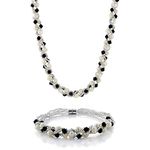 Gem Stone King 17 Inch White Cultured Freshwater Pearl and Black Crystal Necklace + Bracelet Set 7 Inch