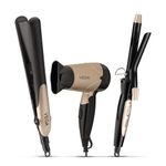 Vega Miss Versatile Styling Set Straightener, Curler & Dryer Gift Combo for Women, 1000W Hair Dryer with 2 Head/Speed Setting, Hair Straightener & Curler comes with Ceramic Coated, (VHSS-03), Black