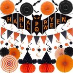 Halloween Party Decorations Set, Reusable Halloween Decorations Creepy Halloween Bat Banner Halloween Hanging Honeycomb Balls Halloween Paper Party Supplies for Halloween Decor Indoor