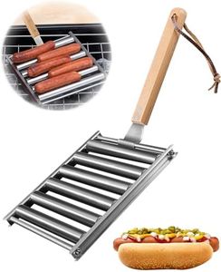 Hot Dog Roller, Sausage Roller for Grill, Stainless Steel BBQ Hot Dog Griller with Extra Long Wood Handle, Evenly Cooked Hotdogs, 6 Rollers for 5 Hot Dogs