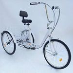 24" 6 Speed Adult 3 Wheel Tricycle, Elderly Adult Bicycle Cycling Pedal Bike with White Basket for Outdoor Sports Shopping Adjustable (White)