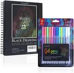 Vanli's Hardcover Black Paper Sketchbook & 12 Pack Ball Point Gel Pens Set - 2 White & 10 Colorful Pens for Drawing, Sketching, & Journaling. 9" x 12" Spiral Bound, Acid Free Black Art Paper