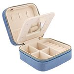 Mini Velvet Travel Jewelry Case with Mirror, Travel Jewellery Box Organiser, Small Jewelry Organiser Storage for Rings Earrings Necklace Bracelets, Blue