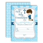 First Holy Communion Religious Party Invitations for Boys (Light Skin, Brown Hair), 20 5"x7" Fill in Cards with Twenty White Envelopes by AmandaCreation