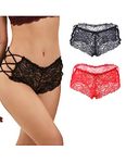 comeondear Lace Thongs Women Sexy Knickers High Waisted Underwear Cheeky Tanga with Cotton Crotch French Knickers Bikini Briefs 2 Pack