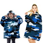 ALLEN & MATE Hoodie Blanket Ultra Soft Sherpa Fleece Oversized Wearable Sweatshirt Warm Dressing Gown Robe with Big Pocket for Kids Boys Girls Teens Women Men Adults (Blue Camo, 9-14 Years)