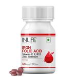 INLIFE Chelated Iron Folic Acid Supplement with Vitamin C, E, B12, Zinc & Selenium for Men Women - 60 Tablets (Pack of 1, 60)