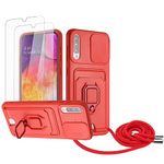 Zallagre Mobile Phone Chain Case Compatible with Samsung Galaxy A30S/A50/A50S. [Pack of 2] Glass Screen Protector, Camera Protection, 360 Degree Ring Holder Stand, Card Slot, Silicone Case - Red