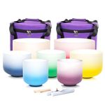 Siceeoly 432HZ Crystal Singing Bowls Chakra Set of 7 Color 7-12" Frosted Quartz Sound Singing Bowls Set of 7 with 2 Travel Carry Cases Bags 2 Mallets Suede 2 Strikers 7 O-rings