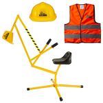 The Big Dig Sandbox Digger Excavator Ride On Crane, Safety Vest & Helmet Bundle Kids Outdoor Pretend Play Construction Toy w/360 Degree Rotating Boom