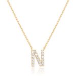 PAVOI 14K Yellow Gold Cubic Zirconia Initial Necklace | Letter Necklaces for Women | N Initial