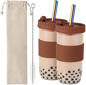 Amyoole 2 Pack Reusable Boba Cup,24Oz Wide Mouth Smoothie Cup,mason Jar Glass Cups with Lids and Straws,Bubble/Boba Tea Cups,Ice Coffee Tumbler 2 colored straws 1 sponge brush(Brown)