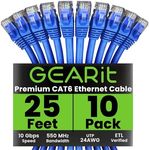 GearIT Cat 6 Ethernet Cable 25 ft Cat6 Patch Cable, Cat6 Cable, Cat6 Ethernet Cable, Network Cable, Internet Cable - Blue 25 Feet (Pack of 10)