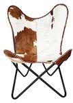 GifteQ Leather Butterfly Chair for Living Room for Adults Cow Print/Cowhide Western Accent Chair for Relaxing with Foldable Iron Frame Brown Boho Alite Chair for Home Decor (Hairon White & Brown)