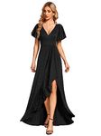 Ever-Pretty Evening Dress Women's Deep V-Neck High Slit Ruffles Sleeves A-Line Party Prom Dress Black 14UK