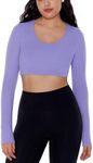 ENERBLOOM Long Sleeve Crop Tops for Women Workout Yoga Shirts Slim Fitted Cream Feeling U Neck Cropped Athletic Gym Tee Lilac Purple Large