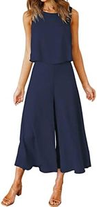 ROYLAMP Women's Summer 2 Piece Outfits Round Neck Crop Basic Top Cropped Wide Leg Pants Set Jumpsuits Navy Blue XXL