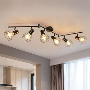 LTBLIGHT LED Track Lighting Kit, 6-Light Adjustable Ceiling Light Fixtures, Black Metal Wire Cage Farmhouse Light Fixtures for Kitchen, Bedroom, Hallway, E26 Base, Bulbs Not Included