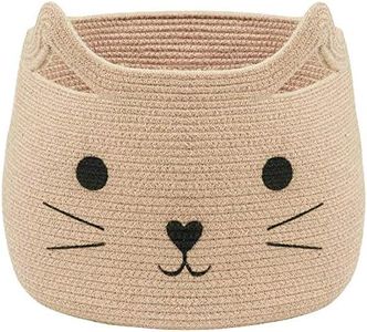 VK VK·LIVING Animal Baskets Large Woven Cotton Rope Storage Basket with Cute Cat Design Animal Laundry Basket Organizer for Towels, Blanket, Toys, Clothes, Gifts – Pet or Baby Gift Baskets 15"Lx14H"