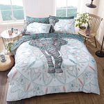 Sleepdown Elephant Mandala Teal Bed Reversable Quilt Duvet Cover Set Easy Care Anti-Allergic Soft & Smooth with Pillow Cases (Double)