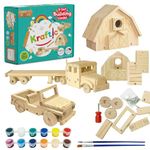 ﻿Kraftic Woodworking Building Kit for Kids and Adults, Set of 3 Educational DIY Carpentry Construction Wood Model Kit Toy Projects for Boys and Girls - Off-Road Vehicle, Flatbed Truck, Barn Birdhouse