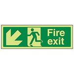 V Safety Glow In The Dark Fire Exit Arrow Down Left Sign - 300mm x 100mm - Rigid Plastic