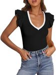 PRETTYGARDEN Womens V Neck Summer Tops Ruffle Sleeveless Slim Fit T Shirts Going Out Casual Blouses 2025 (Black White,Large)