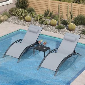 PURPLE LEAF Patio Oversized Chaise Lounge Chair Set with Side Table Poolside Adjustable Recliner Chairs for Outside Beach Outdoor Pool Sunbathing Tanning Lounger, Light Grey