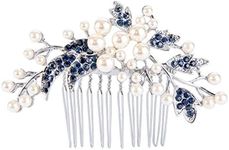 Ever Faith Silver-Tone Austrian Crystal Cream Simulated Pearl Floral Leaf Branch Wedding Hair Comb Blue