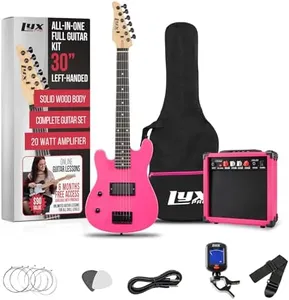 LyxPro Left Hand 30 Inch Electric Guitar Kit for Lefty Kids 3/4 Size Beginner’s Guitar, Amp, Six Strings, Two Picks, Shoulder Strap, Digital Clip On Tuner, Guitar Cable and Soft Case Gig Bag - Pink