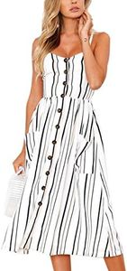 Angashion Women's Dresses-Summer Floral Bohemian Spaghetti Strap Button Down Swing Midi Dress White Striped S