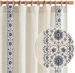 JINCHAN Linen Curtains for Bedroom Blue Vintage Floral Farmhouse Curtains 63 Inch Length Boho Curtains for Living Room Embroidered Bordered Drapes Light Filtering Rod Pocket Blue on Beige 2 Panels