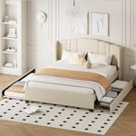 Queen Upholstered Platform Bed with Wingback Headboard, Twin Size Trundle and 2 Storage Drawers, Linen Fabric Bed Frame with Wooden Slats, No Box Spring Needed, Modern Bedroom Guest Room, Beige