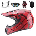 Red/ Spider - Full Face MTB Helmet Set, Pit Bike Motocross Helmet Kids Off Road Helmet Motorcycle Crash Helmet for Downhill Enduro MX Quad Dirt Bike with Goggles Mask Gloves Helmet Net (M)