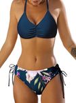 CUPSHE Women Back Braided Straps Bikini Sets Reversible Bottom Strappy Lace Up 2 Piece Swimsuits, Navy Blue/Flower, Medium