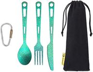 SILVERANT Titanium 3 Piece Cutlery Set, Extra Strong Ultra-Lightweight Durable Knife Fork & Spoon Tableware for Outdoor Camping & Hiking, Comes with Drawstring Bag & Titanium Carabiner-Green