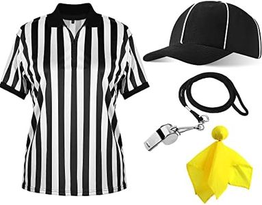 Geyoga 4 Pcs Men's Official Referee Costume Set White and Black Stripe Referee Zipper Collar Shirt Official Referee Hat Stainless Whistle with Lanyard Yellow Penalty Flag for Halloween(Medium)