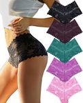 FINETOO Sexy Underwear for Women V-Waist Shorts Women' s Underwear Lightweight Soft Lace High Waist Panties 5 Pack, F 5 Pack (Black*1 Pink*1 Rose Red*1 Green*1 Dark Red*1), XX-Large