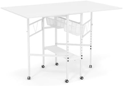 Sew Ready Folding Sewing Craft Table with Storage, Adjustable Height Cutting Desk with Drawers and Wheels for Quilting, Fabric, and Hobby Room, White