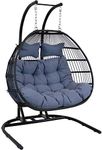 Sunnydaze Liza Egg Chair Loveseat with Gray Cushions - Black Polyethylene Wicker Frame with Steel Stand - 76 Inches Tall