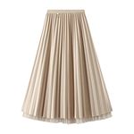 Jemsia Women's Reversible Tulle Skirt Midi A-line Elastic High Waisted Elegant Pleated Skirt with Ornament for Ladies Beige