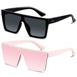 LYZOIT Square Oversized Sunglasses for Women Men Big Flat Top Fashion Shield Large UV Protection Rimless Shades, (2pack) Black + Mirrored Pink, Large