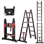 Soctone Telescoping Ladder A Frame, 12.5 FT/1.9+1.9 M Compact Aluminum Extension Ladder, Portable Telescopic RV Ladder for Camper Trips with Tool Platform and Stabilizer Bar, 330 lb/150kg Capacity Red