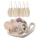 MERCURHOUSE 5 pack Cotton String Shopping Bags Reusable Washable Grocery Mesh Bags Organizer for Grocery Shopping Produce Net Bags with Longhandle for Fruit Vegetable Storage