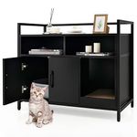 GYMAX Hidden Cat Litter Box Enclosure, Wooden Kitty Washroom Storage Cabinet Nightstand Side Table with Scratching Board and Shelves, Cat House Pet Crate for Kitten & Large Cat (Black)