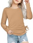 Arshiner Girls Casual Shirt Ruched Knot Side Long Sleeve Crop Tops for Girls Casual Girls Cute Shirts Crew Neck Fashion Shirts for Girls 11-12 Khaki