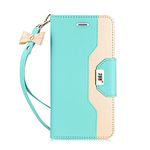 FYY Leather Case with Mirror for iPhone 6S Plus/iPhone 6 Plus, Leather Wallet Flip Folio Case with Mirror and Wrist Strap for iPhone 6S Plus/6 Plus Mint Green